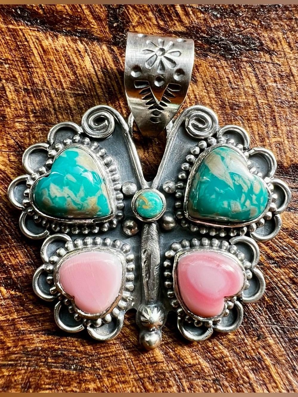 Ribbon Turquoise Queen Conch Butterfly Pendant Sterling Silver Handmade